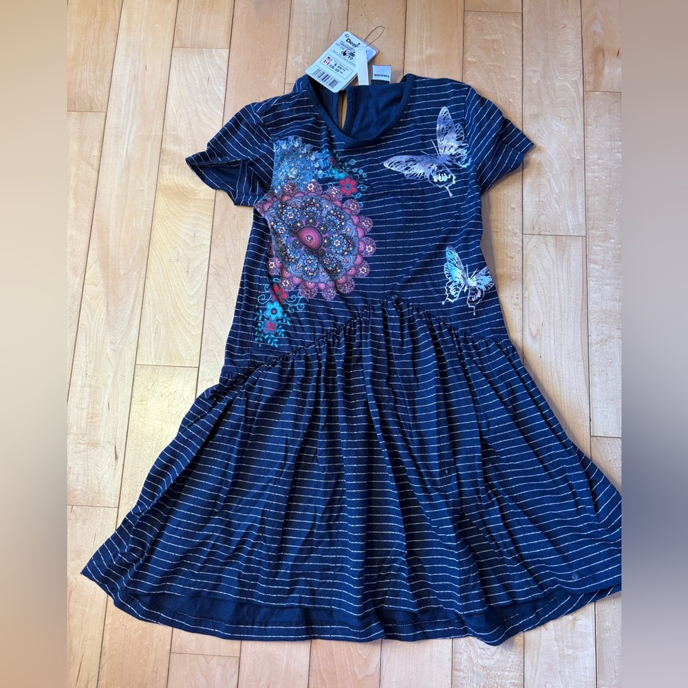 Desigual Navy and White Striped Kids Dress with Butterfly Motif - Picture 3 of 5